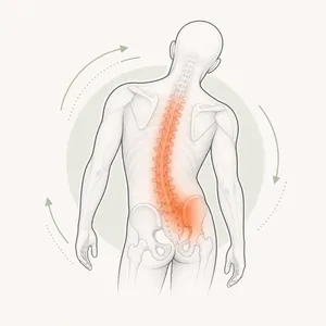 Anatomische Illustration mit hervorgehobener Wirbelsäule und Bewegungslinien