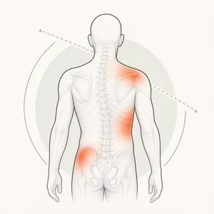 Anatomische Illustration mit asymmetrischer Belastung und hervorgehobenen Beschwerdebereichen