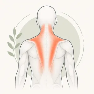 Anatomische Illustration mit hervorgehobenen muskulären Spannungen im Rücken