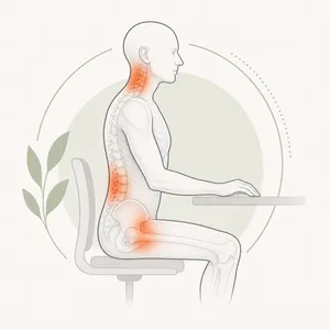 Anatomische Illustration einer sitzenden Haltung mit hervorgehobenem Rücken und Nacken