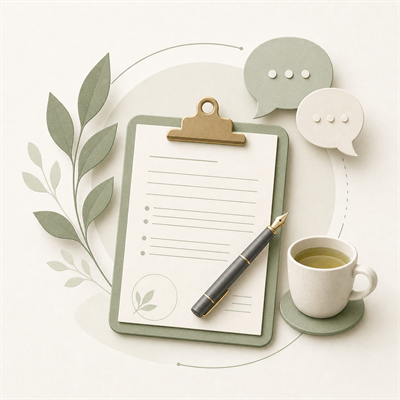 Symbolgrafik mit Klemmbrett, Stift, Gesprächsblasen und Tasse