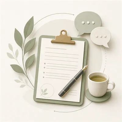 Symbolgrafik mit Klemmbrett, Stift, Gesprächsblasen und Tasse